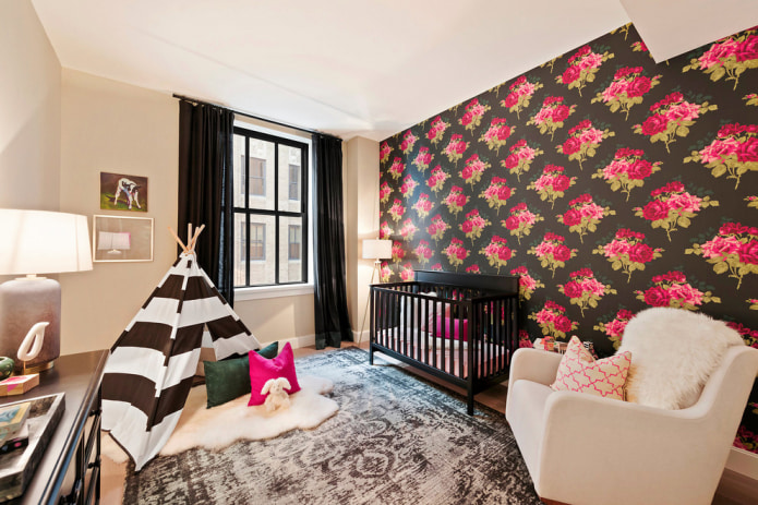 black and pink wallpaper in the nursery