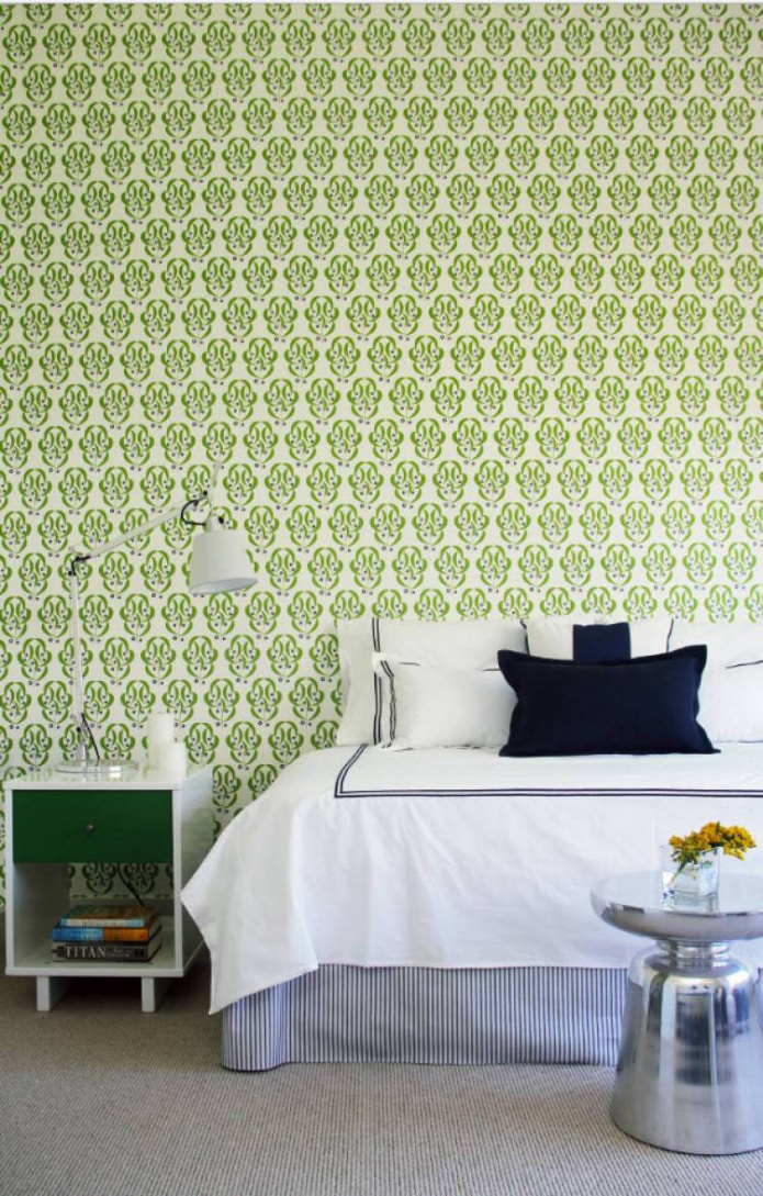 wallpaper of light green color in the interior of the bedroom