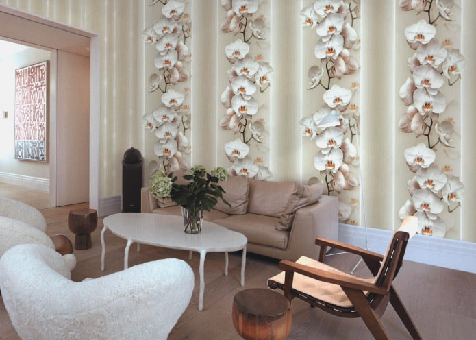 wallpaper with orchids in the interior of the living room