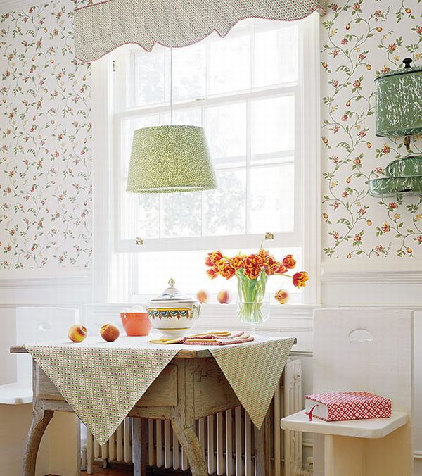 wallpaper with a floral pattern in the interior of the kitchen