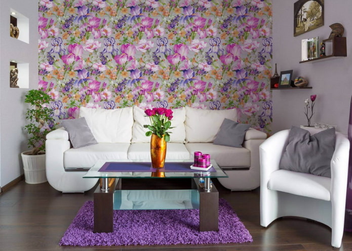 wallpaper with irises in the living room interior