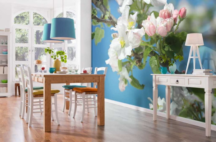 photo wallpaper with a blooming apple tree in the interior of the dining room