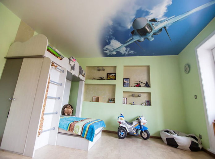 photo wallpaper on the ceiling in the interior