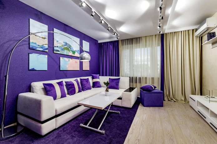 white sofa purple wallpaper