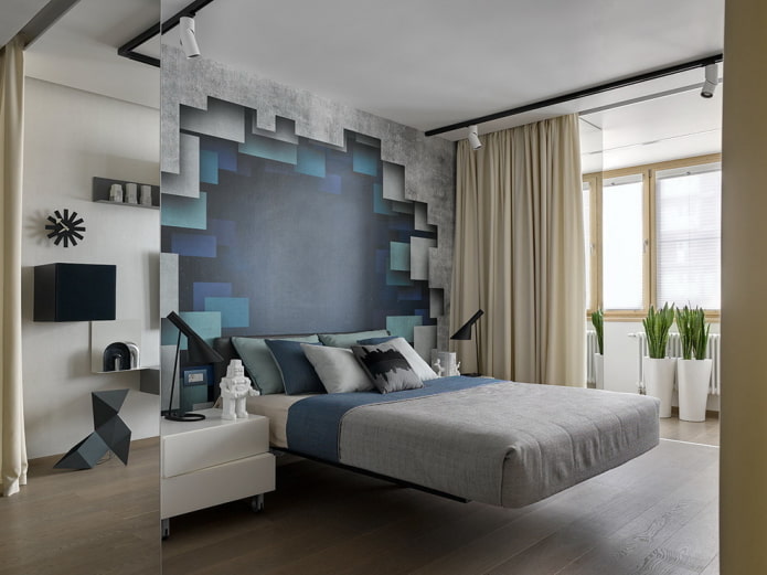спаваћа соба у модерном стилу са зидном декорацијом са фото тапетама