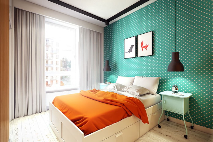 wallpaper with polka dots in the interior of the bedroom