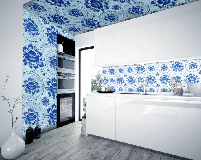 wallpaper na may gzhel pattern sa interior