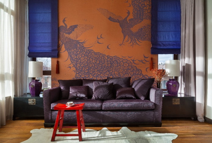 living room with orange-purple wallpaper