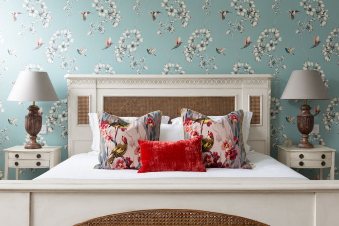 bedroom design with blue wallpaper