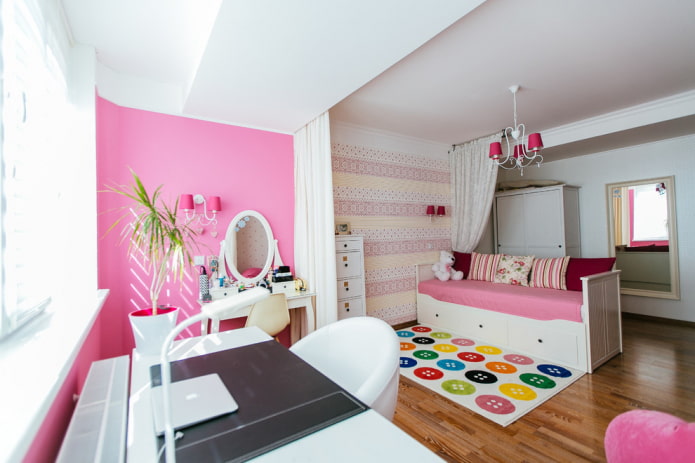 spacious children's room with a large mirror