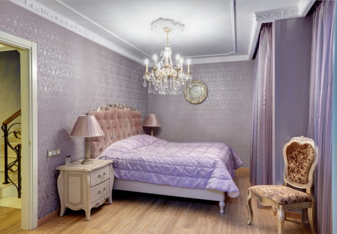 purple wallpaper in the bedroom