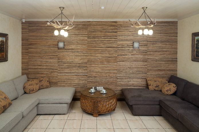 jute wallpaper in the interior of the living room