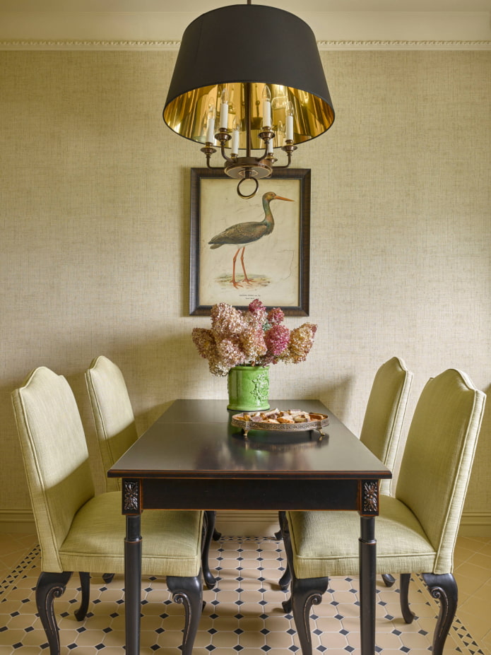 beige fabric wallpaper in the dining room