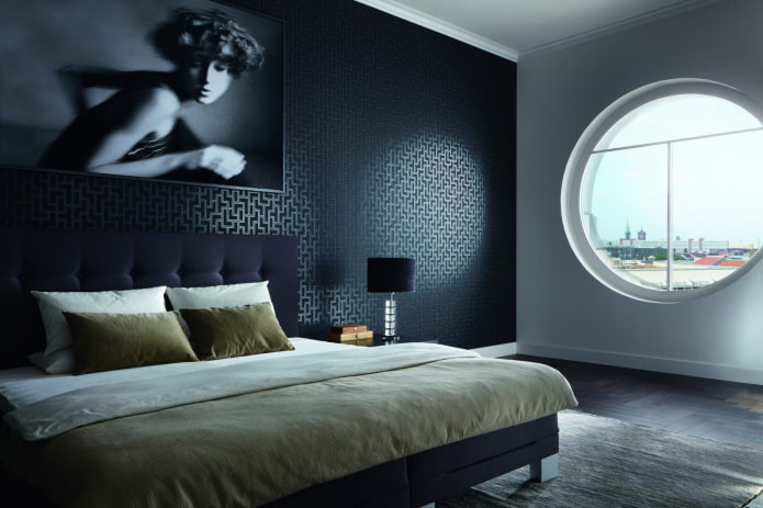 black fabric wallpaper in the bedroom