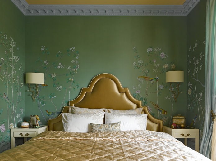 green fabric wallpaper in the bedroom