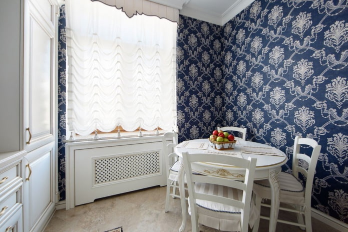 fabric wallpaper in the interior of the kitchen