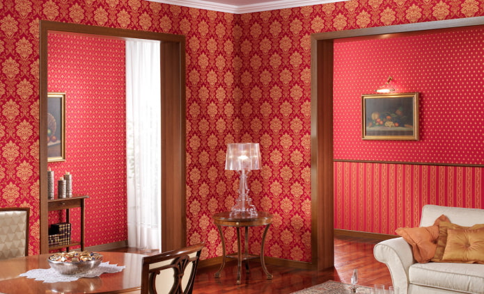 red fabric wallpaper in the interior