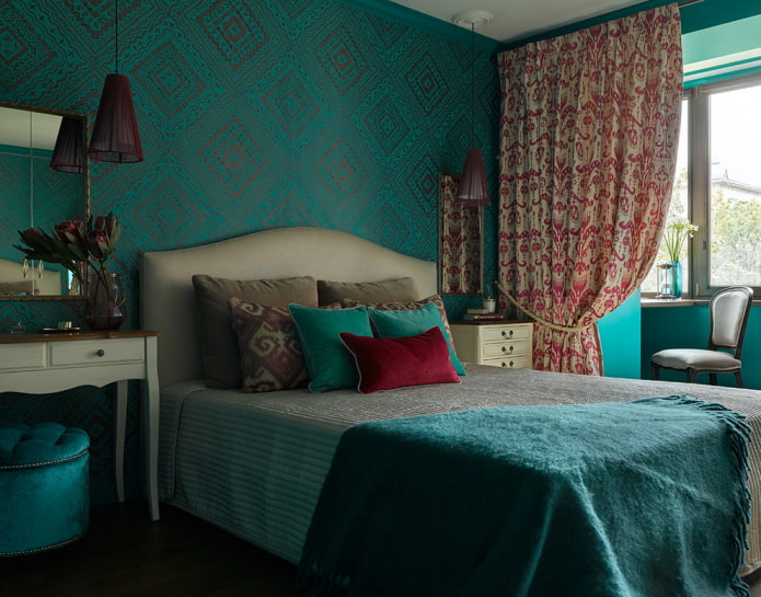 fabric wallpaper with ornament in the bedroom