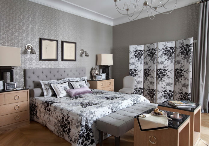 fabric wallpaper with ornament in the bedroom