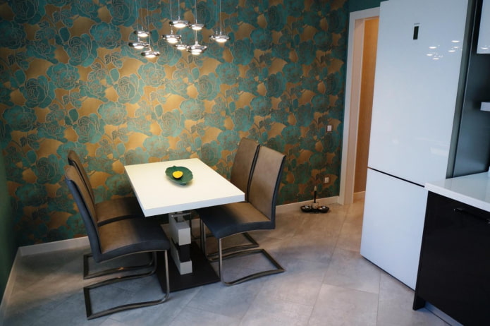 fabric wallpaper in the interior of the kitchen