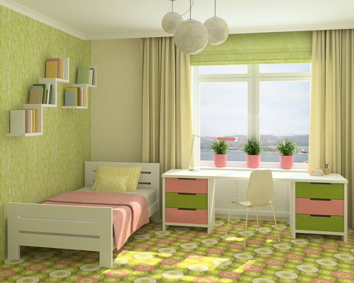helles Kinderzimmer mit hellgrünen Vorhängen