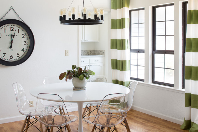 green curtains with white stripes