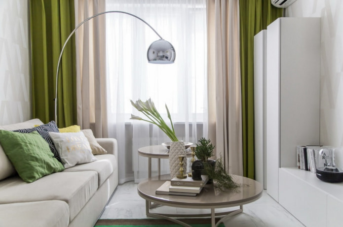 green and beige double curtains
