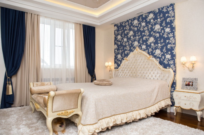 beige and blue curtains in the bedroom