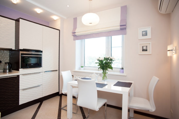 lilac roman blinds in the interior of the kitchen