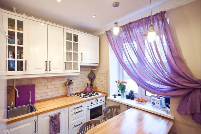 lilac curtains in the kitchen