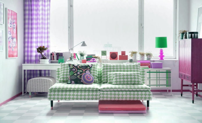 checkered lilac curtains in the interior