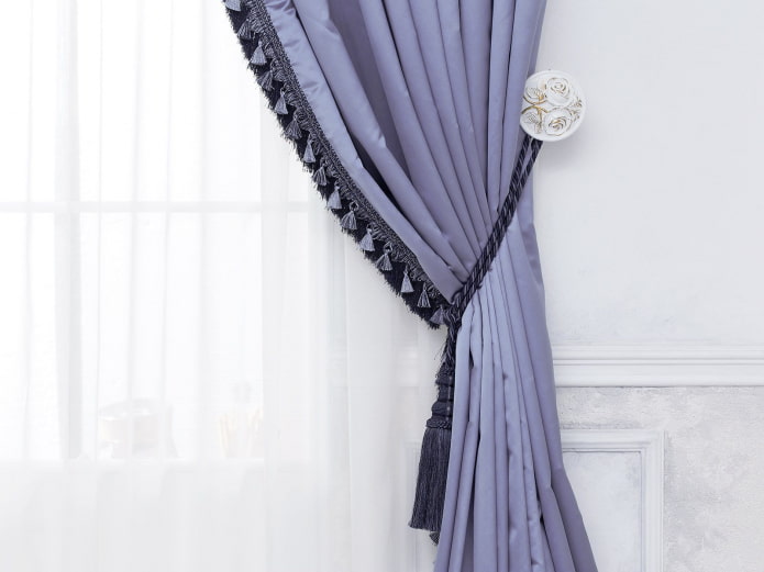 lilac curtain decorated with fringe
