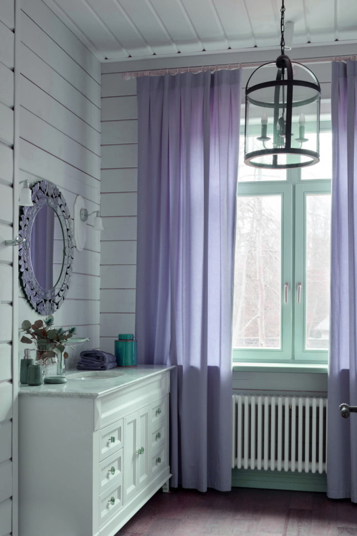 long curtains of lilac color