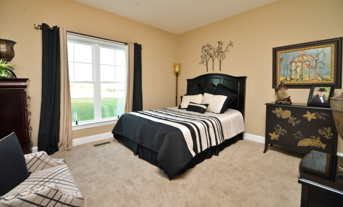 black and beige curtains in the bedroom