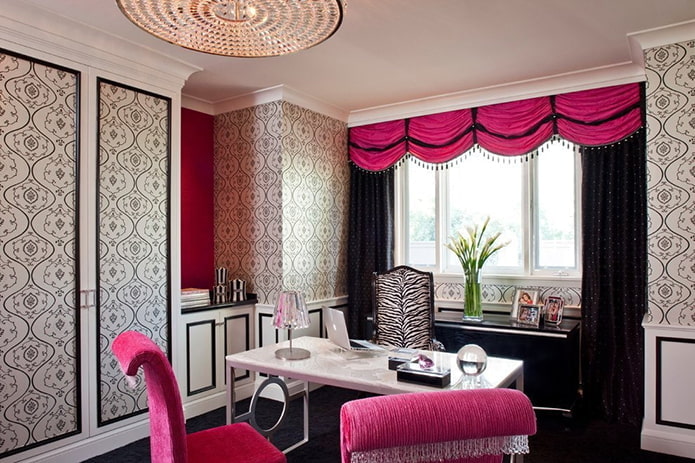 black and pink curtains with lambrequin