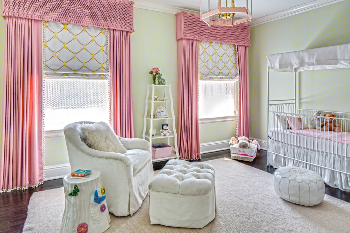 white and pink curtains in the nursery