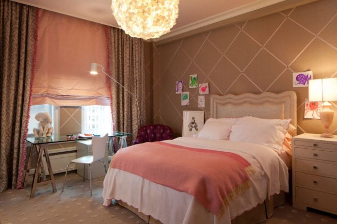 beige and pink curtains in the bedroom