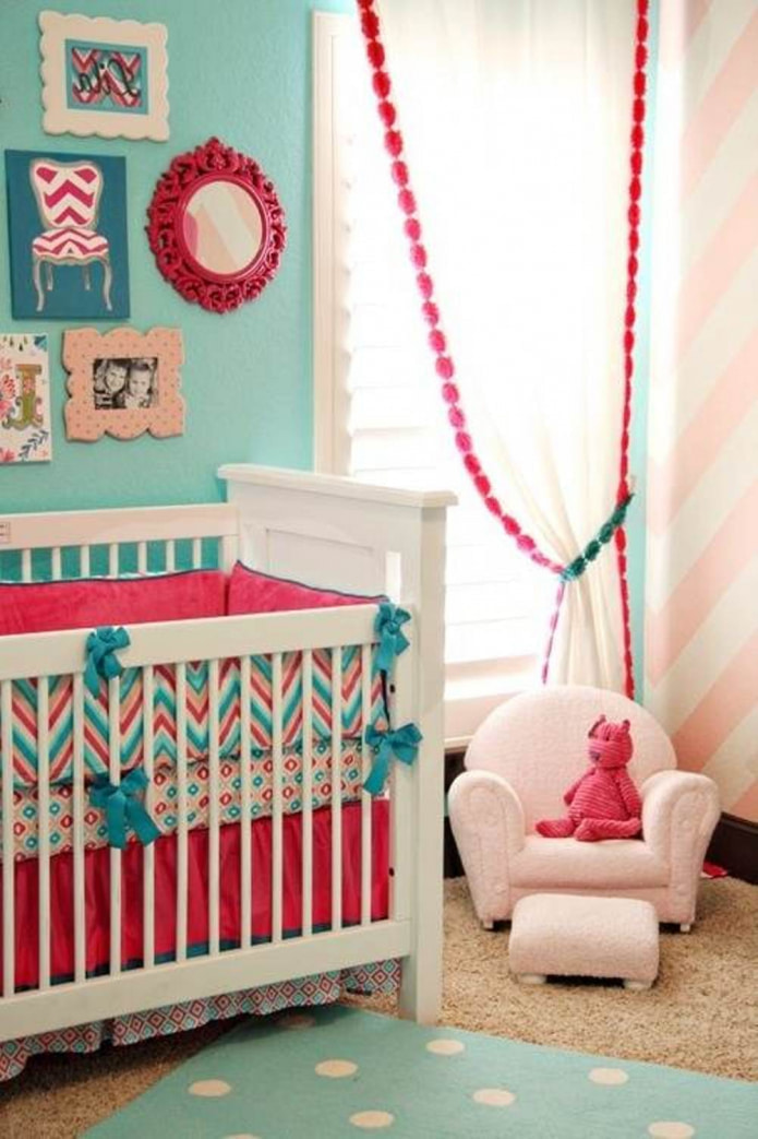 pink and turquoise curtains in the nursery