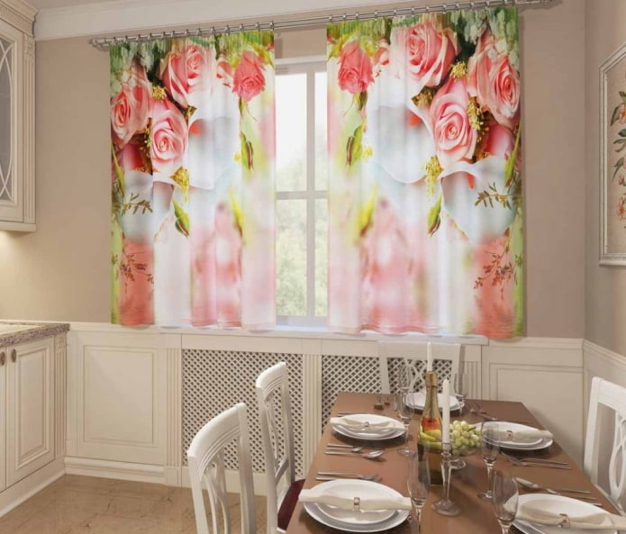 photocurtains with flowers in the kitchen in Provence style