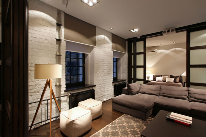 brown roller blinds in loft style living room