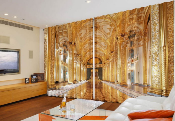 a palota belsejét ábrázoló hosszú 3D függönyök