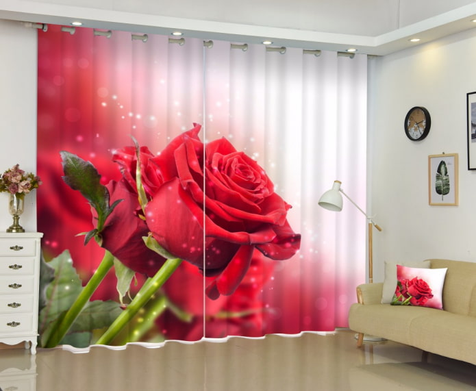 3d curtains with a picture of a rose
