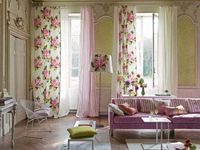 floral curtains in living room