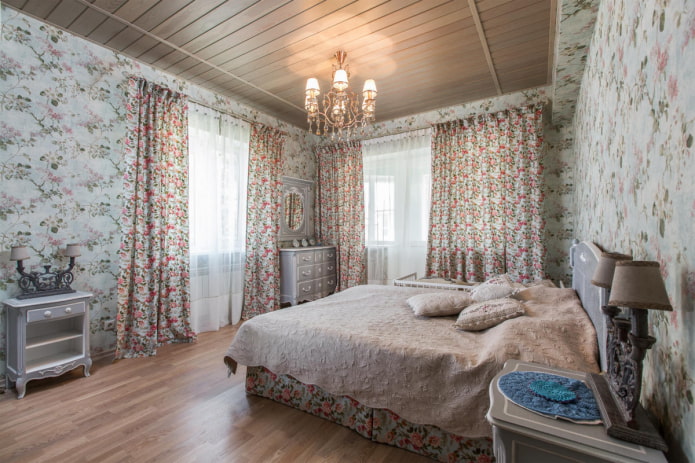 curtains with a small floral print in the bedroom