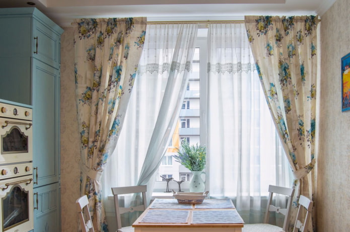 floral curtains combined with plain curtains