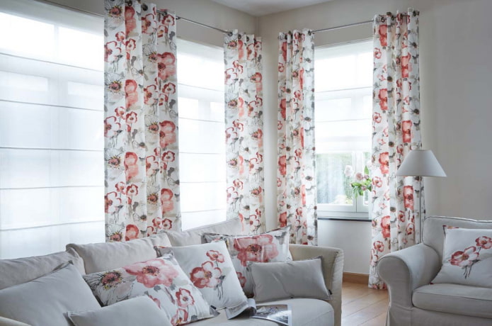 floral curtains combined with textiles