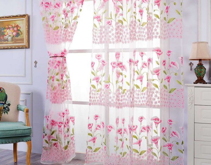 curtains with calla lilies in the interior