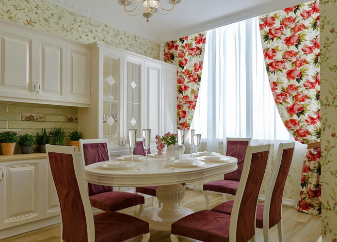 curtains with peonies in the interior of the kitchen