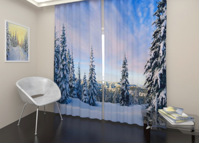 long 3D curtains with the image of the forest