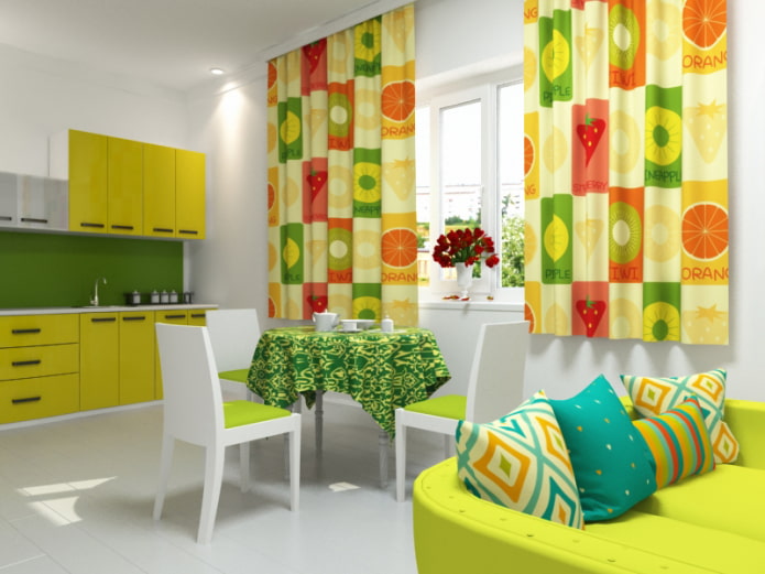 curtains with drawings of fruits in the kitchen
